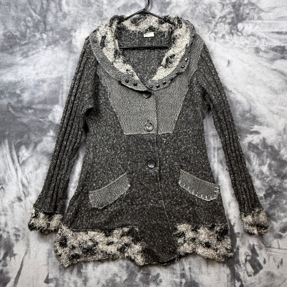 Sioni Cardigan Sweater Womens Medium Gray Mixed Media Studded Eyelash Knit Boho